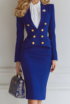 2 Piece Royal Blue Double Breasted Midi Pencil Business Suits