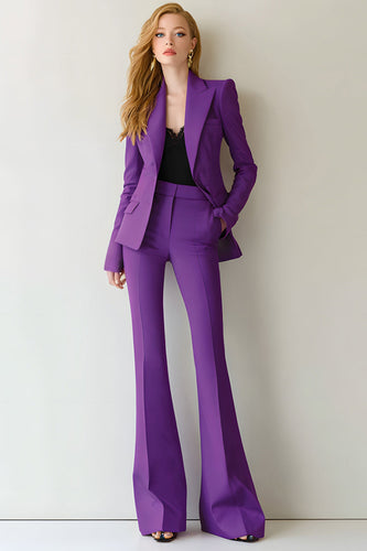 2 Piece Dark Purple Long Sleeves Peak Lapel Prom Suits with Pockets