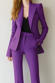 2 Piece Dark Purple Long Sleeves Peak Lapel Prom Suits with Pockets
