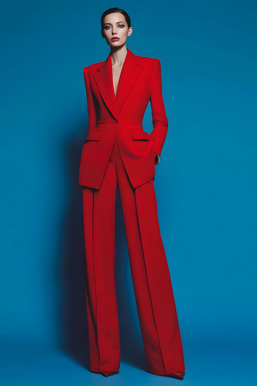 2 Piece Red Long Sleeves Notched Lapel Prom Suits with Pockets