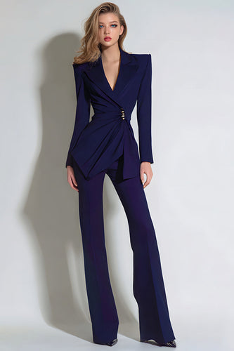 2 Piece Dark Purple Notched Lapel Ruched Prom Suits