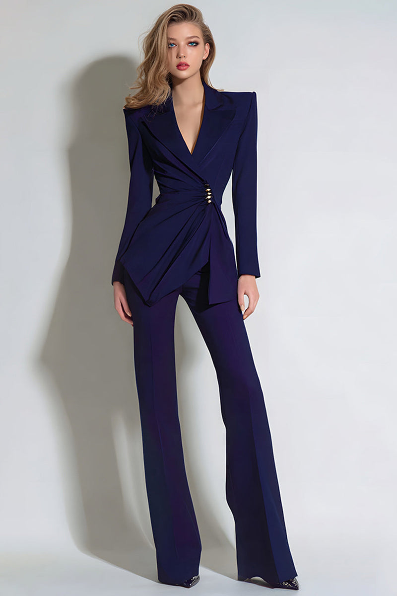 Load image into Gallery viewer, 2 Piece Dark Purple Notched Lapel Ruched Prom Suits
