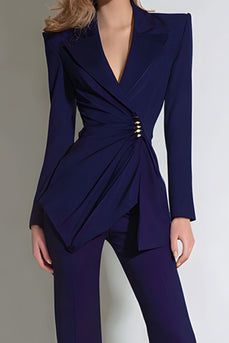 2 Piece Dark Purple Notched Lapel Ruched Prom Suits