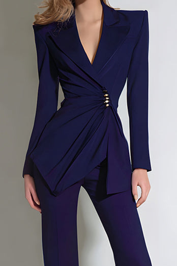 2 Piece Dark Purple Notched Lapel Ruched Prom Suits