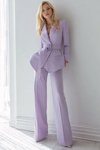 2 Piece Lilac Long Sleeves Prom Suits with Belt