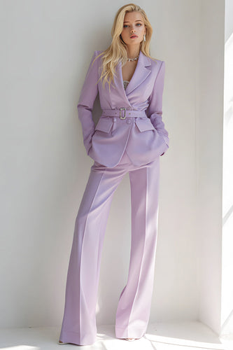 Lilac 2 Piece Long Sleeves Notched Lapel Prom Suits with Belt