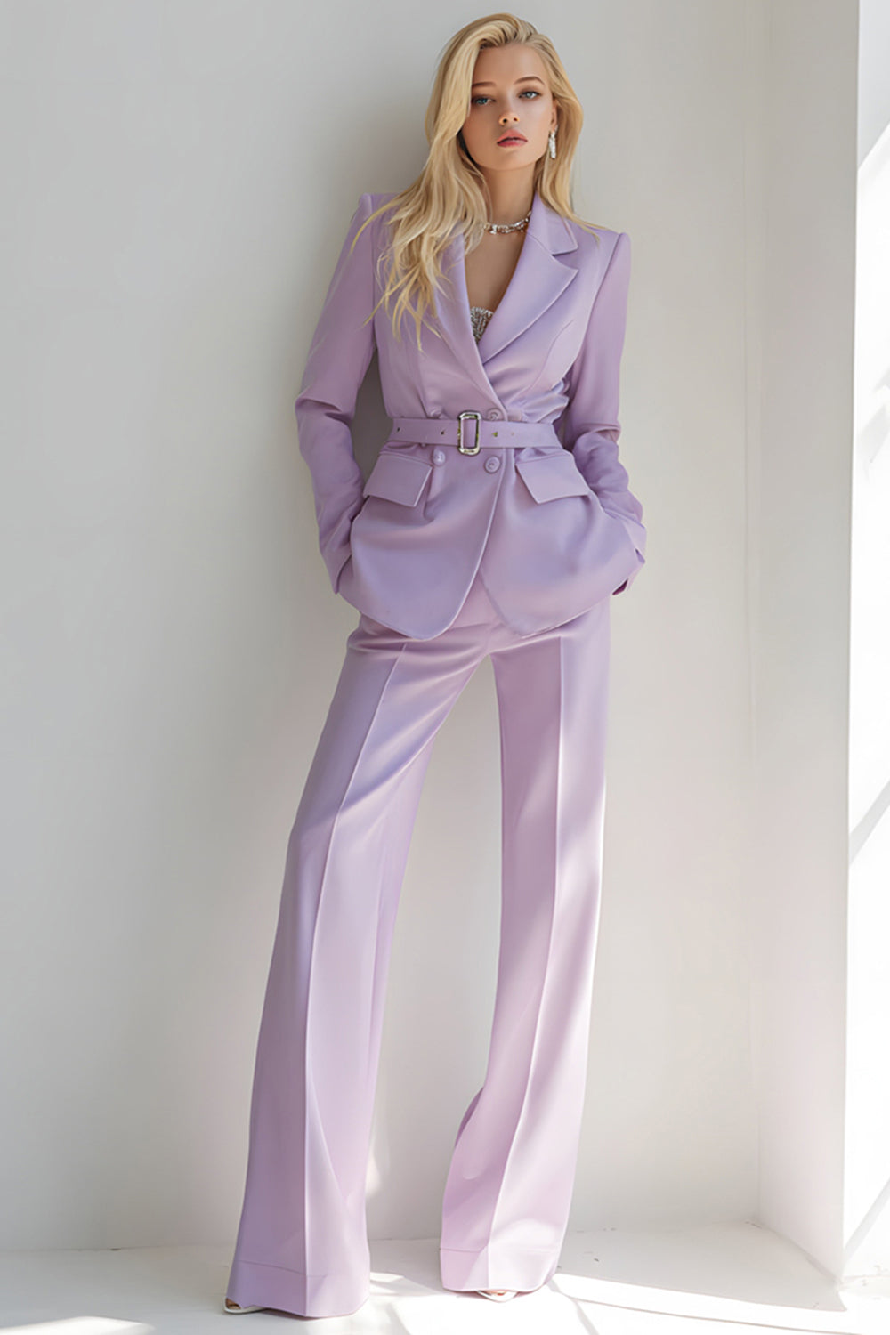 Lilac 2 Piece Long Sleeves Notched Lapel Prom Suits with Belt