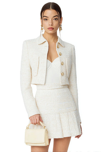2 Piece White Single Breasted A Line Short Tweed Interview Outfits