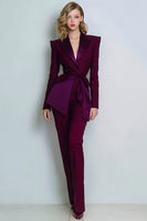 Load image into Gallery viewer, Queendancer UK Women 2 Piece Burgundy Prom Suits with Sash One Button Peak Lapel Business Pantsuits with Sleeves