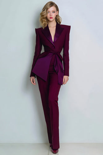 2 Piece Peak Lapel Burgundy Prom Suits with Sash