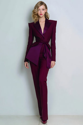 2 Piece Peak Lapel Burgundy Prom Suits with Sash