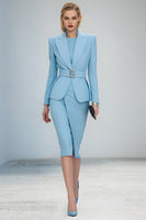 Load image into Gallery viewer, 2 Piece Blue Peak Lapel Midi Pencil Business Suits with Belt