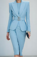 Load image into Gallery viewer, 2 Piece Blue Peak Lapel Midi Pencil Business Suits with Belt
