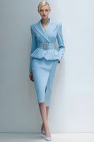 Load image into Gallery viewer, 2 Piece Blue Peak Lapel Midi Pencil Business Suits with Pockets