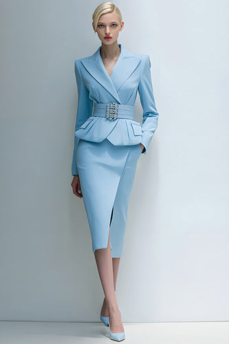 2 Piece Blue Peak Lapel Midi Pencil Business Suits with Pockets