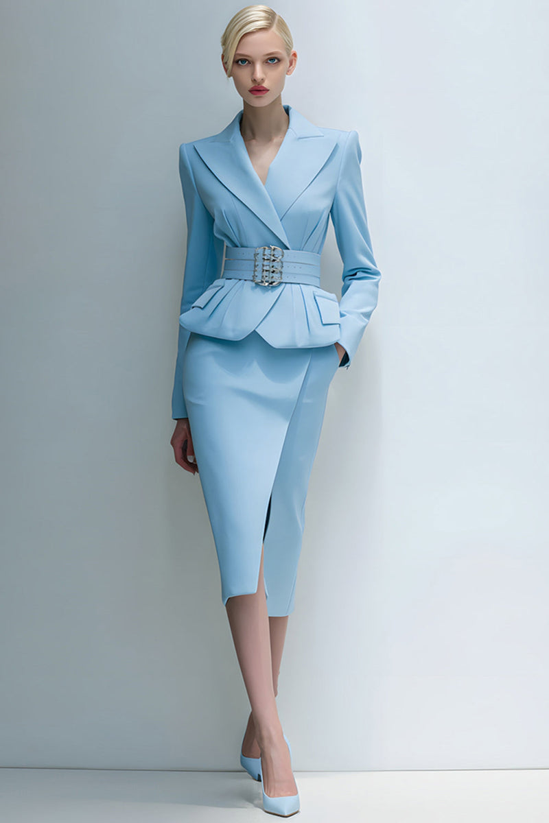 Load image into Gallery viewer, 2 Piece Blue Peak Lapel Midi Pencil Business Suits with Pockets