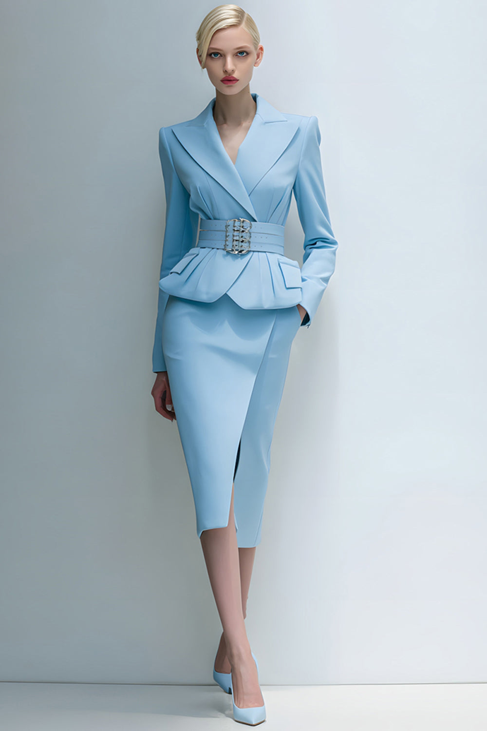 2 Piece Blue Peak Lapel Midi Pencil Business Suits with Pockets