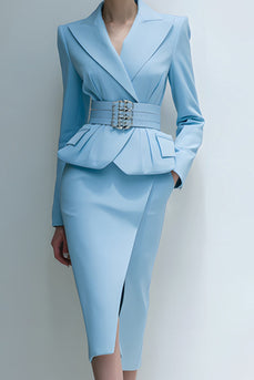 2 Piece Blue Peak Lapel Midi Pencil Business Suits with Pockets