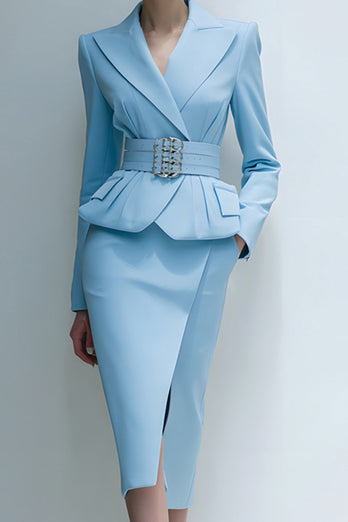 2 Piece Blue Peak Lapel Midi Pencil Business Suits with Pockets