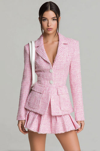 2 Piece Pink Tweed A Line Single Breasted Short Pageant Interview Outfits with Pockets