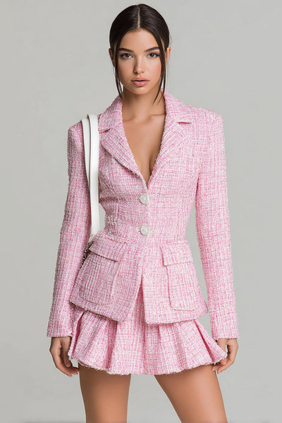 2 Piece Pink Tweed A Line Single Breasted Short Pageant Interview Outfits with Pockets