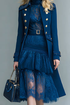 Dark Blue Long Sleeves Double Breasted Prom Blazer