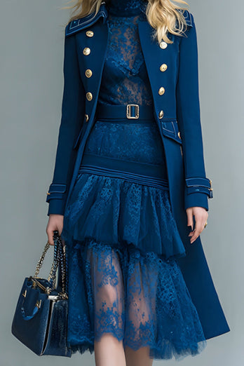 Dark Blue Long Sleeves Double Breasted Prom Blazer