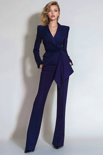 2 Piece Dark Purple Slim Fit Ruched Long Sleeves Prom Suits with Sash