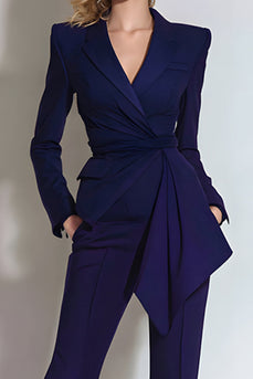 2 Piece Dark Purple Slim Fit Ruched Long Sleeves Prom Suits with Sash