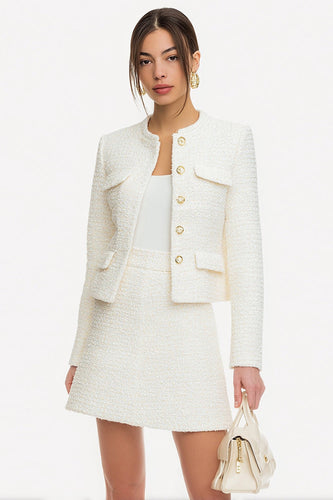 2 Piece White Single Breasted Tweed A Line Short Pageant Interview Outfits