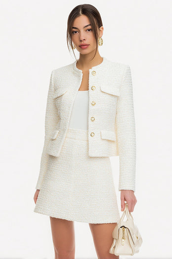 2 Piece White Single Breasted Tweed A Line Short Pageant Interview Outfits