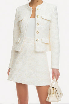 2 Piece White Single Breasted Tweed A Line Short Pageant Interview Outfits