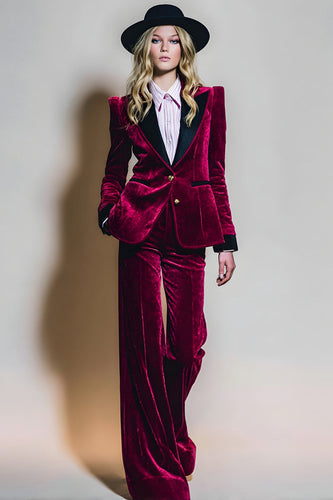 2 Piece Burgundy Peak Lapel Velvet Long Sleeves Prom Suits