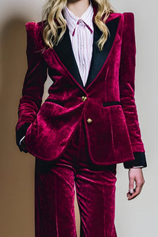 2 Piece Burgundy Peak Lapel Velvet Long Sleeves Prom Suits