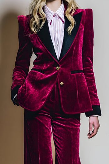2 Piece Burgundy Peak Lapel Velvet Long Sleeves Prom Suits