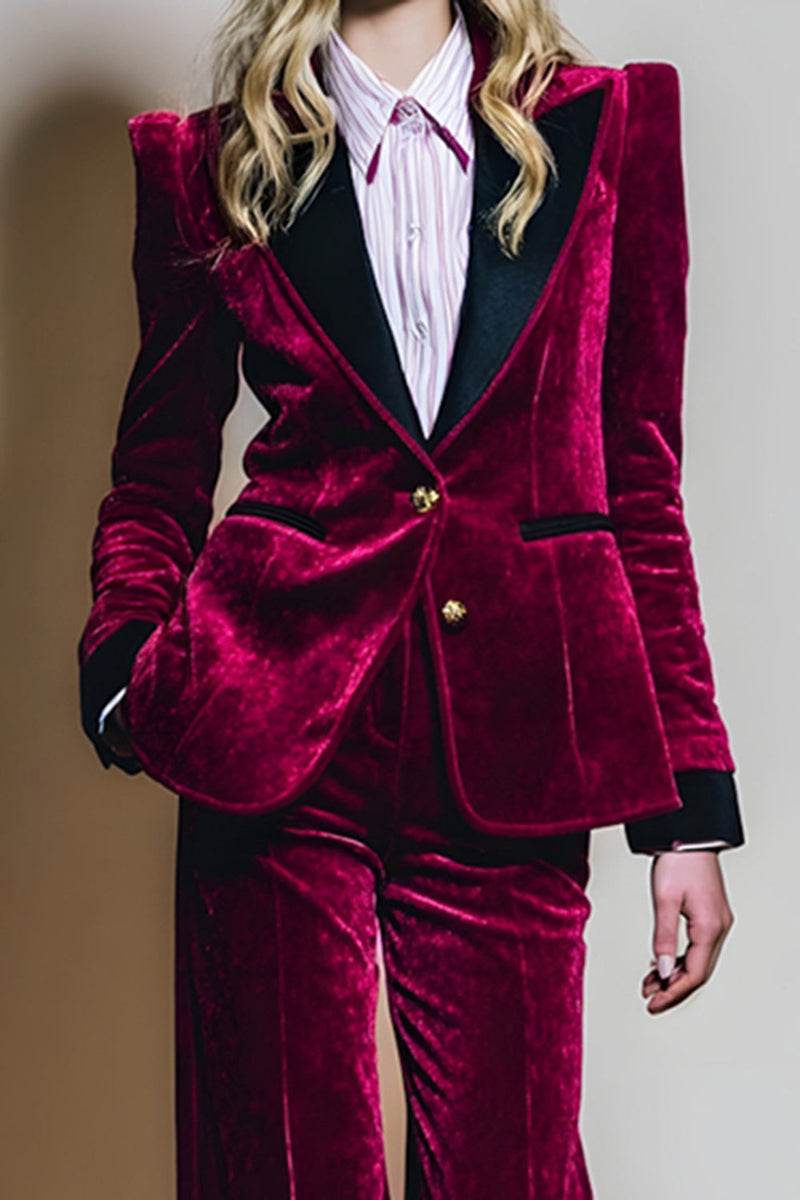 Load image into Gallery viewer, 2 Piece Burgundy Peak Lapel Velvet Long Sleeves Prom Suits