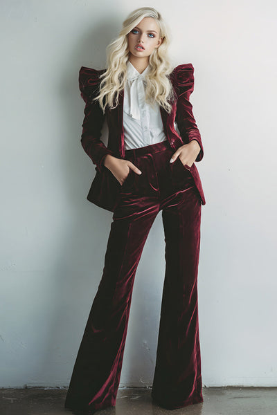2 Piece Burgundy Velvet Long Sleeves Prom Suits