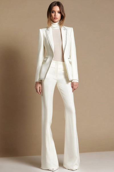 Women 2 Piece Sparkly White Long Sleeves Prom Suits with Beading Slim Fit Peak Lapel Business Pantsuits