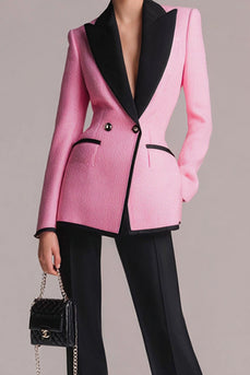 2 Piece Black Pink Peak Lapel Tweed Long Sleeves Pageant Interview Outfits