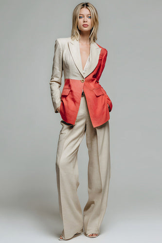 2 Piece Khaki Red Patchwork One Button Peak Lapel Long Sleeves Prom Suits