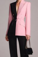 Load image into Gallery viewer, 2 Piece Black Pink Patchwork Peak Lapel Long Sleeves Prom Suits with Buttons