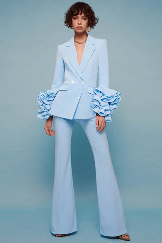 2 Piece Blue Long Sleeves Notched Lapel Prom Suits with Ruffles