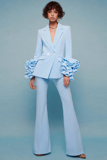 2 Piece Blue Long Sleeves Notched Lapel Prom Suits with Ruffles