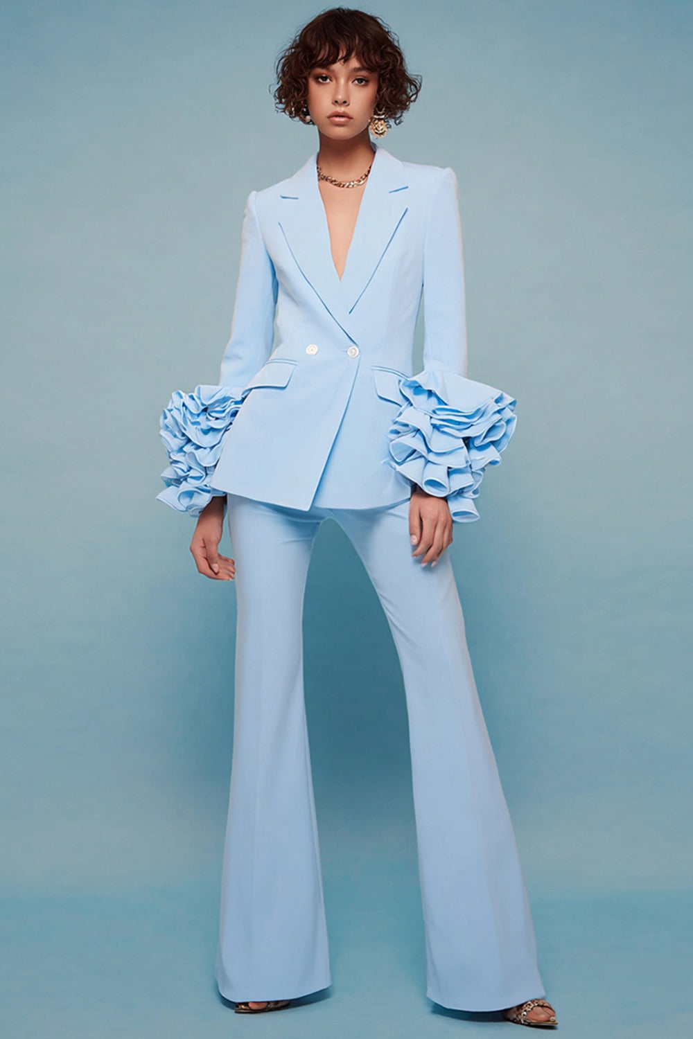 2 Piece Blue Long Sleeves Notched Lapel Prom Suits with Ruffles