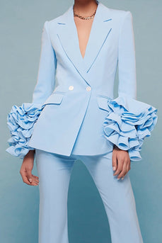 2 Piece Blue Long Sleeves Notched Lapel Prom Suits with Ruffles