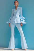 Load image into Gallery viewer, 2 Piece Blue One Button Notched Lapel Ruffled Long Sleeves Prom Suits