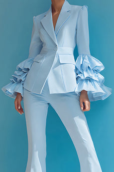 2 Piece Blue One Button Notched Lapel Ruffled Long Sleeves Prom Suits