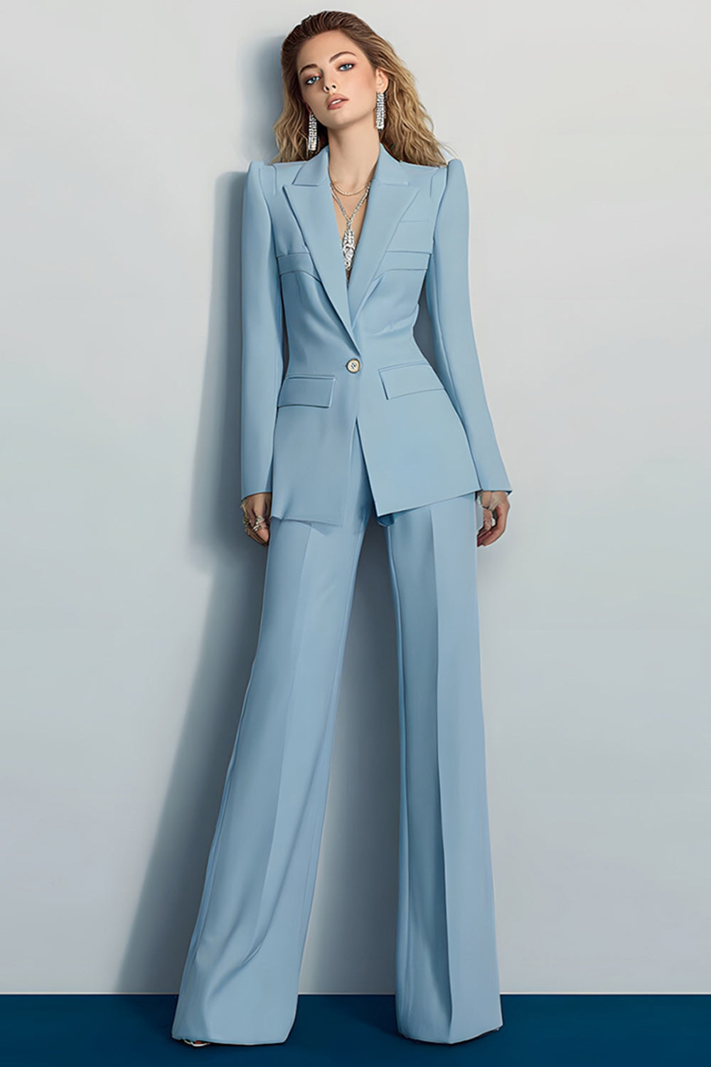 2 Piece Grey Blue Peak Lapel Long Sleeves Prom Suits