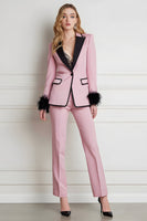 Load image into Gallery viewer, 2 Piece Black Pink Peak Lapel Patchwork Prom Suits with Feathers