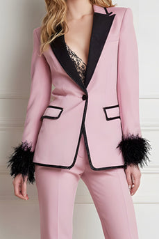 2 Piece Black Pink Peak Lapel Patchwork Prom Suits with Feathers